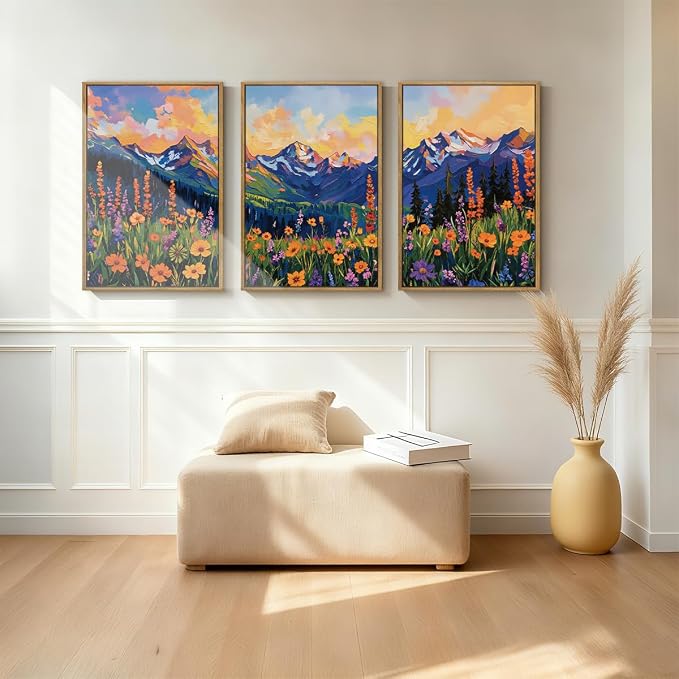 ANHUIB Colorful Wildflower Wall Art Boho Mountain Wall Decor Nature Floral Art Print 16x24 Inch Set of 3 for Living Room Bedroom Dining Room