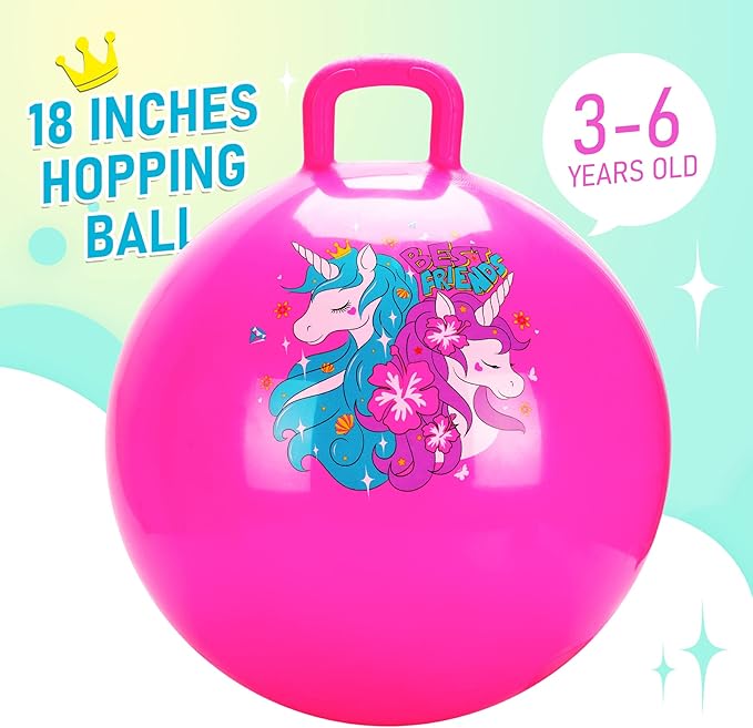 U&C Planet Hopper Ball 18 inches Bouncy Ball with Handle for Kids Age 3-6 Hoppity Hop Sit and Bounce Jumping Hopping Toy with Pump and Gift Box Great Gift for Birthday Christmas, Pink