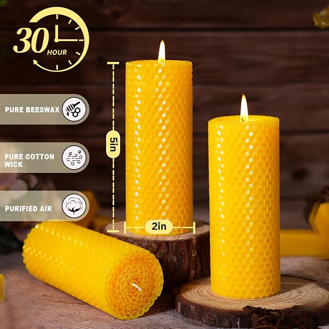 8 Pack Beeswax Pillar Candles, 160 Hours Honeycomb Pure Natural Beeswax Candles for Emergency, Unscented Organic Bees Wax Candle for Home,Prayer,Dripless Smokeless 2x5in