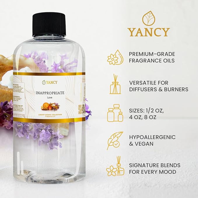 YANCY Inappropriate Luxury Collection Fragrance Oil (4 oz), Exotic Wood and Spice Aroma, Captivating Scent for Diffusers, Oil Burners & Aroma Lamps, Adds Bold Elegance to Social Spaces