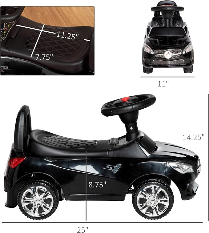 Aosom Kids Ride On Push Car, Foot-to-Floor Walking Sliding Toy Car for Toddler with Working Horn, Music, Headlights and Storage, Black