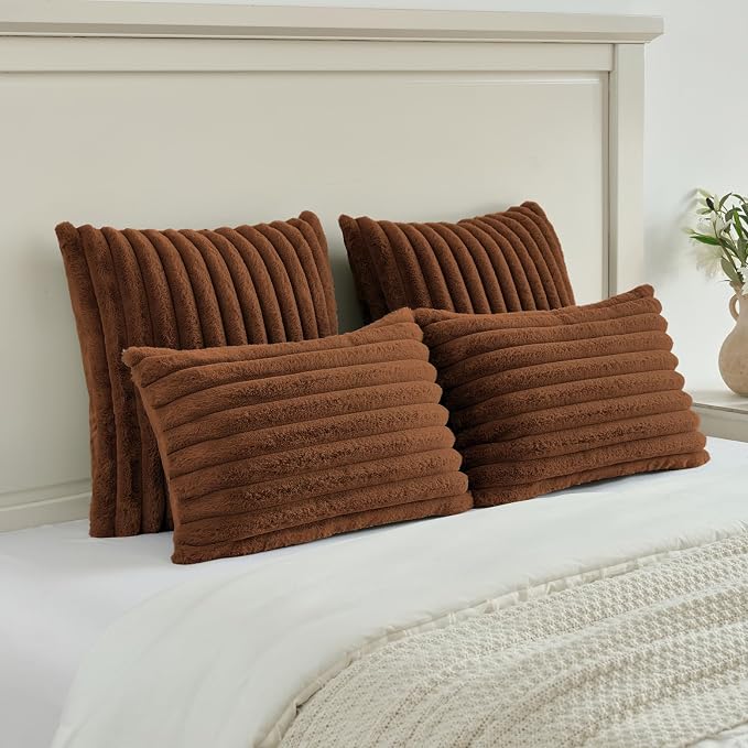 FUTEI Pack of 2 Faux Fur Throw Pillow Covers 26x26 Inch, Rust | Fluffy Faux Rabbit Fur Front/Premium Velvet Back,Hidden Zipper,Machine Washable,Non-Shedding,Colorfast,Insert Not Included.
