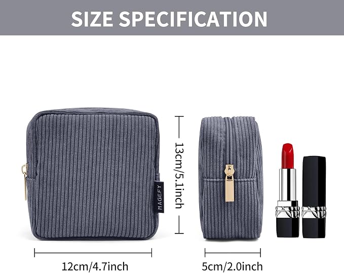 MAGEFY Small Makeup Bag for Purse Mini Cosmetics Bag Corduroy Cute Cosmetic Pouch for Women with Slip-in Pockets