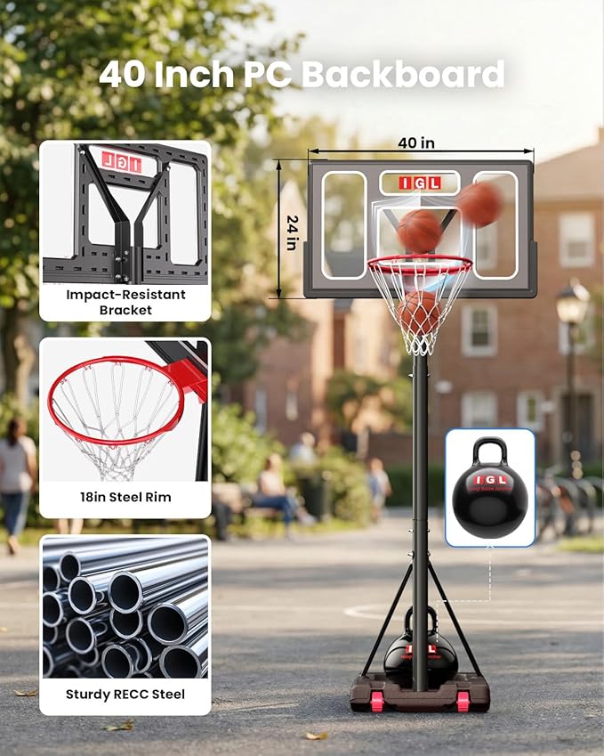 IGL Portable Basketball Hoop, 5.6-10FT Adjustable Basketball Goal System, 40/44 Inch Outdoor Basketball Hoop & Goals for Kids, Youth, and Adults in The Backyard, Driveway with PC Backboard