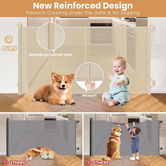 SPACEANY Reinforced Retractable Baby Gate or Mesh Dog Gate,Easy to Use for Stairs, Doorways, Hallways, Indoor, Outdoor, Wide Pet Gate 33.5" Tall, Extends to 55" Wide, Cream