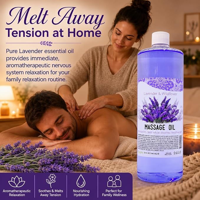 SPA REDI Lavender Massage Oil – Zero-Residue Botanical Blend for Deep Tissue & Dry Skin Care | Vitamin E, Avocado & Almond Oil | Sulfate-Free, Cruelty-Free | Professional & At-Home Use | 32 oz