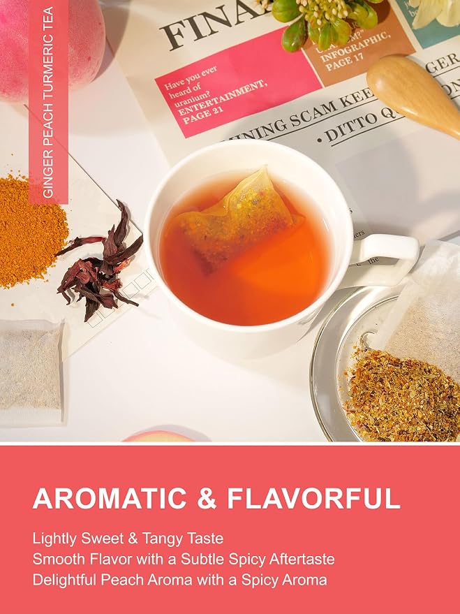 TeeLux Ginger Peach Turmeric Tea Bags, Warm Ginger with Tart Hibiscus & Soothing Chamomile, Tart & Sweet Flavor, Caffeine Free, 100 Count