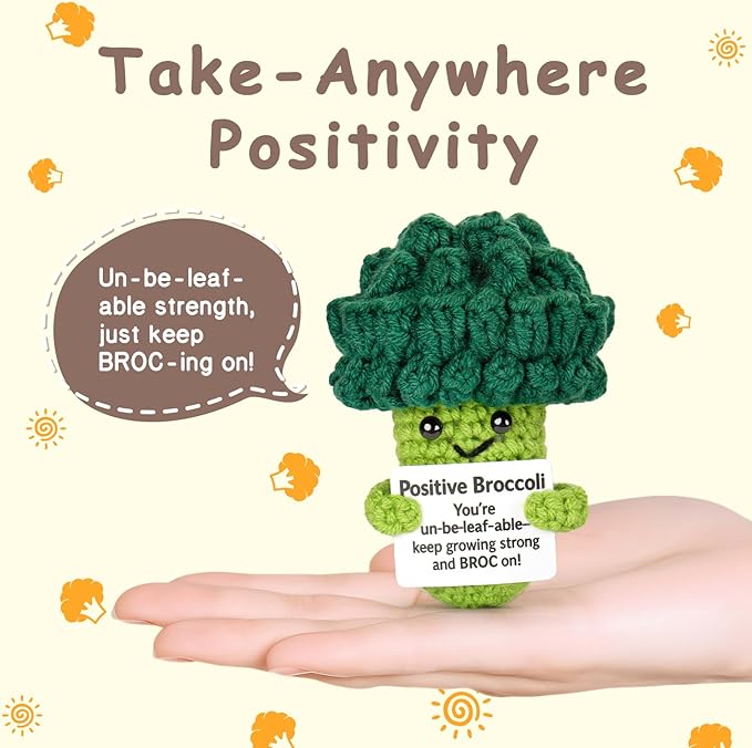 Emotional Support Crochet, Positive Crochet Broccoli, Encouragement Gifts for Women Men Birthday Christmas Self Care Friends Coworkers Relaxation Gift Desk Home Fall Decor Inspirational Support
