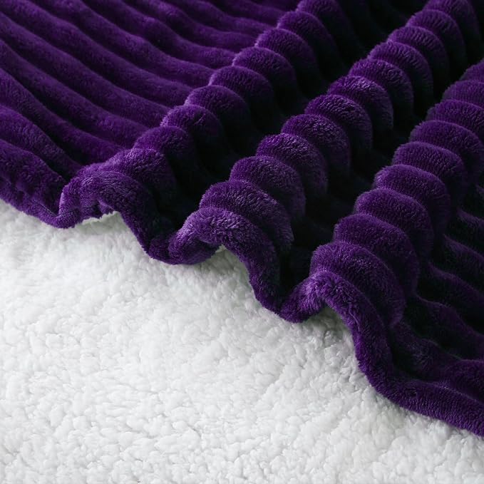 Purple Sherpa Fleece Throw Blanket 60”×80”for Couch Sofa Bed | Double Side Soft Fuzzy Cozy Plush Thick Flannel Blanket with Striped Design Gift for Adults,Woman