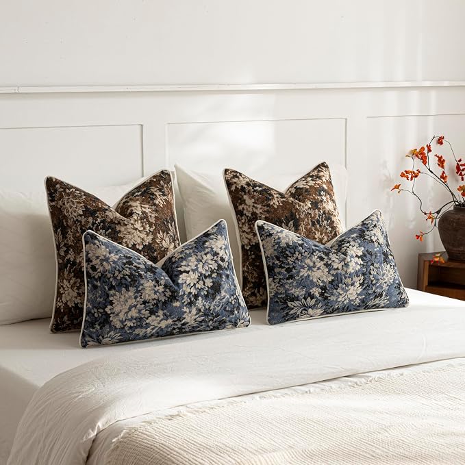 Pack of 2 Vintage Floral Euro Sham Covers 26x26 Boho Farmhouse Accents Chenille Square Decorative Throw Pillow Cases for Living Room Couch Bed Home Decor, Dark Brown
