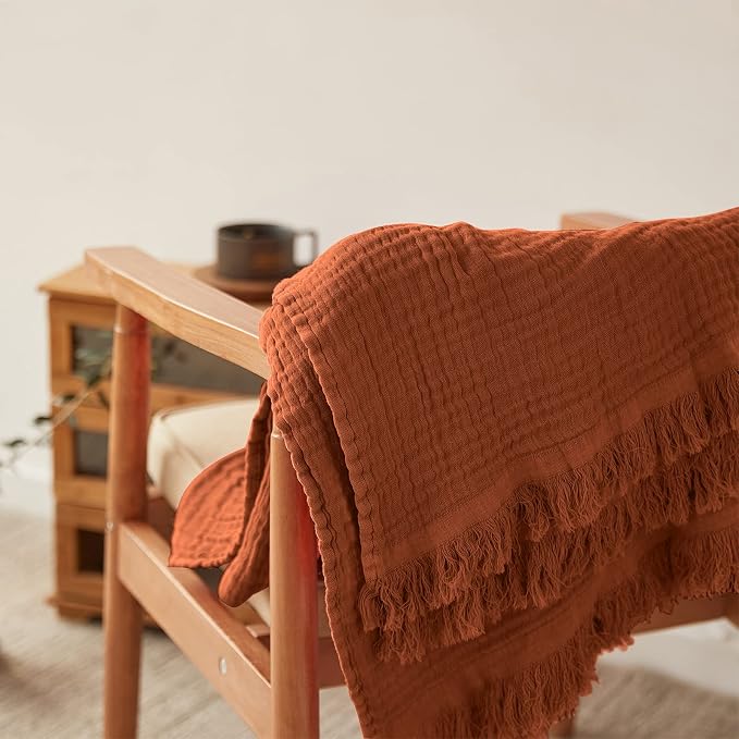 Simple&Opulence Cotton Muslin Throw Blanket for Bed, Couch, Knit Woven Gauze Blanket with Tassels, Soft Lightweight Cozy Pre-Washed Breathable Farmhouse Decoration for All-Season (Rust Orange)