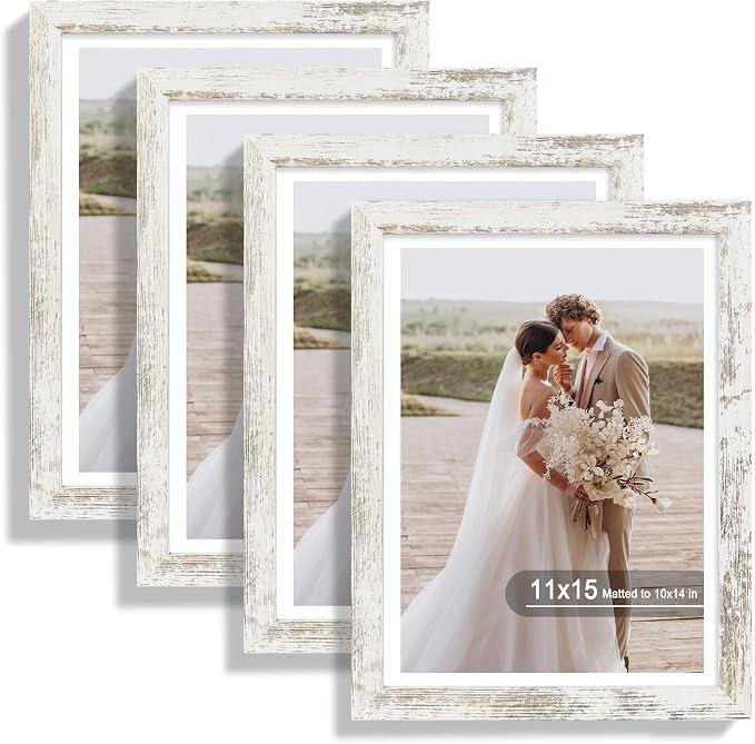 Hongkee 11x15 Picture Frame Set of 4, Made of Real Glass and Distressed White Frame - Display Picture 10x14 with Mat or 11x15 Without Mat, 11 by 15 Photo for Wall Mounting