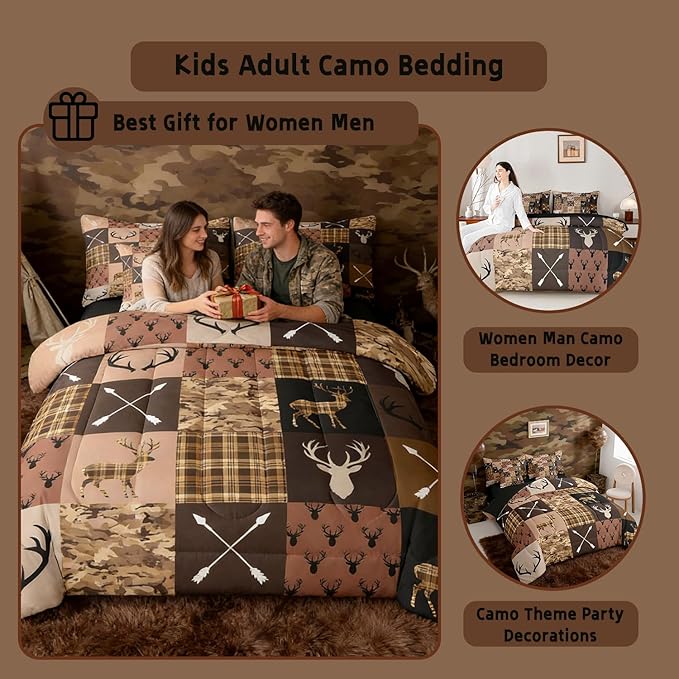 Feelyou Hunting Camo Deer Comforter Set with Sheets 7 Piece Queen Size Rustic Western Farmhouse Bedding Set for Kids Boys Girls Wildlife Animal Bed in a Bag Camouflage Hunter Room Decor Soft