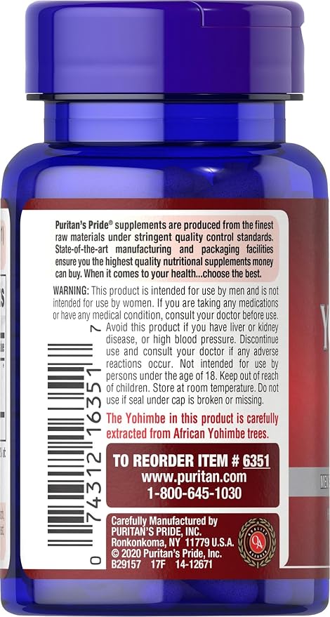 Puritan's Pride Yohimbe Exotic Herb for Men 250 mg, Dietary Supplement, 50 Rapid Release Capsules