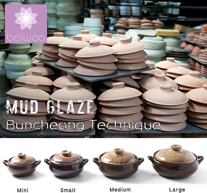 Korean Pot [Buncheong][17oz, 500ml] MUD GLAZE Earthenware Ttukbaegi, Ceramic Clay Cooking Pot Casserole, Heat Resistant Ceramic Pot, Stone Bowl Stockpot Soup Cookware