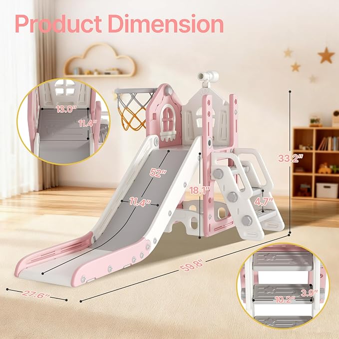 BIERUM 6 in 1 Toddler Slide - L-Shaped Baby Slide for Toddlers Aged 1-3 with Basketball Hoop, Telescope Toy and Anti-Slip Pads, Indoor Outdoor Toddler Playset, Pink Gray
