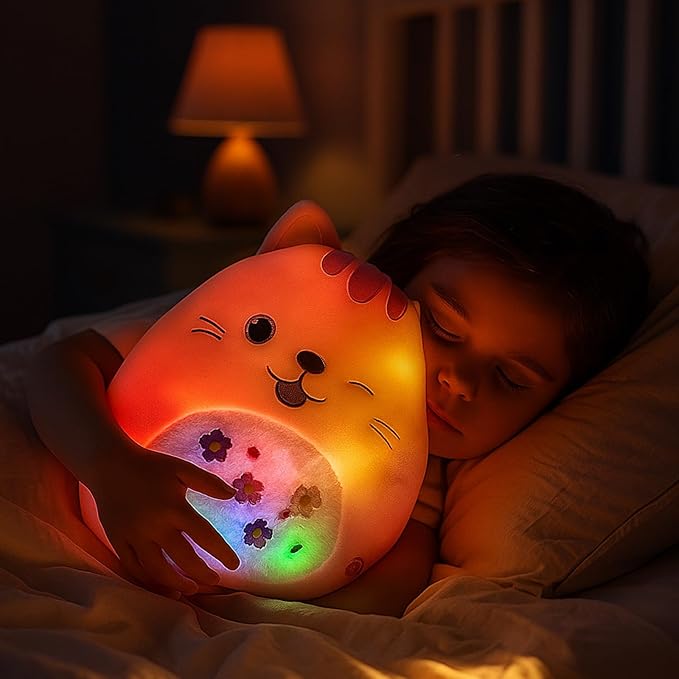 Easfan 12" LED Kitty Plush Pillow Soft Pink Cat Glowing Plush Toy Cute Stuffed Animal Home Room Decoration Birthday Get Well Gifts for Kids Toddlers