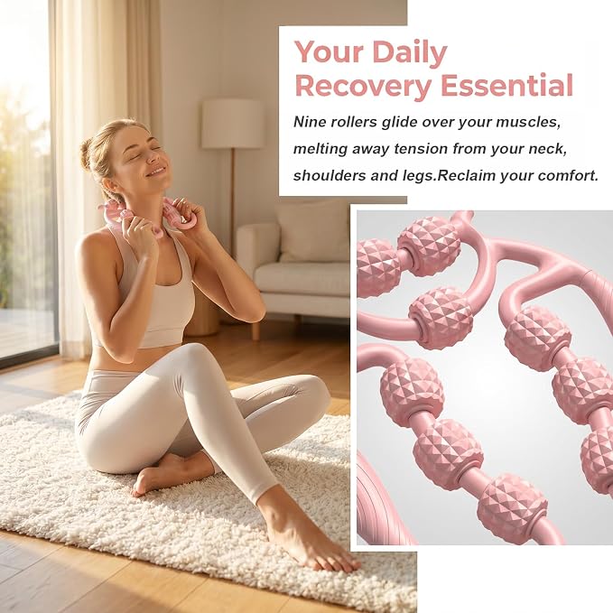 Full Body Massage Tool with 9 Rollers, Pink Manual Massager for Neck, Shoulder, Back, Arms, Legs, 25cm Length, Double Massage Area Design