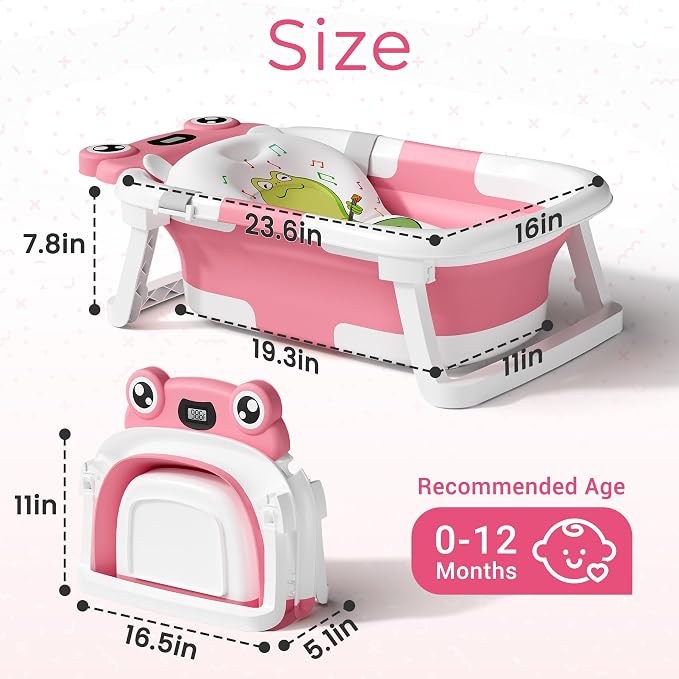 BUNWAG Baby Bathtub, Collapsible Newborn Bathtub for Infant to Toddler with Soft Cushion and Thermometer, Travel Newborn Tub with No-Slip Feet, Baby Shower Gifts, 0-12 Months Baby Bath, Rose Pink