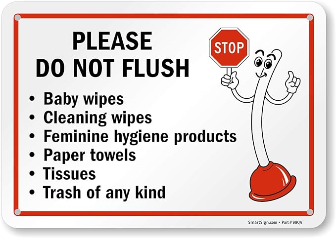 SmartSign 7" x 10" 'Please Do Not Flush Wipes/Feminine Hygiene Products/Paper Towels/Tissues/Trash' Bathroom Sign with Funny STOP Symbol, 55 mil HDPE Plastic, Red/Black/White, USA-Made