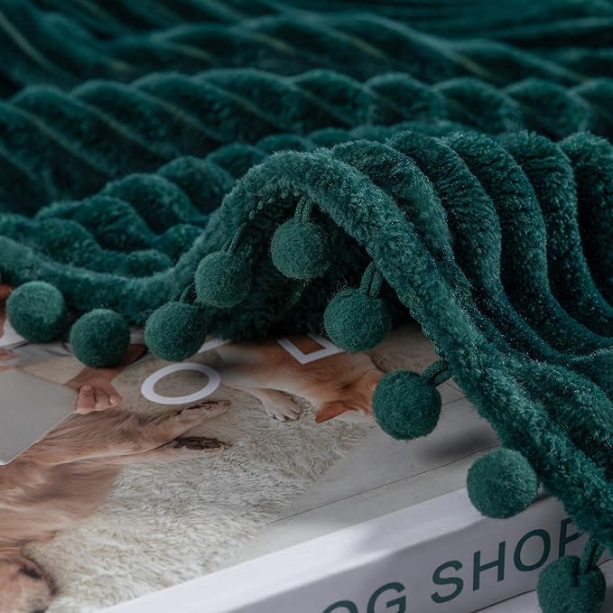DISSA Fleece Blanket Queen Size – 90x90, Green - Soft, Plush, Fluffy, Fuzzy, Warm, Cozy – Perfect Throw for Couch, Bed, Sofa - with Pompom Fringe - Flannel Blanket
