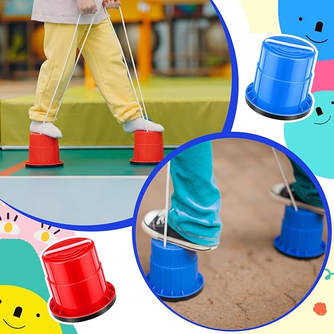 Foilswirl 4 Pcs Bucket Balancing Stilts with Upgraded Non-slip Grip Pads Plastic Walking Bucket Stilt with Adjustable Rope Balance Coordination Training Outdoor Stilts Walking Tool for Indoor Outdoor