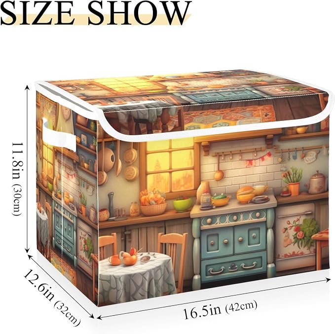 Rustic Kitchen Pattern Storage Bins with Lids and Carrying Handle,Foldable Storage Boxes Organizer Containers Baskets Cube with Cover for Home Bedroom Closet Office