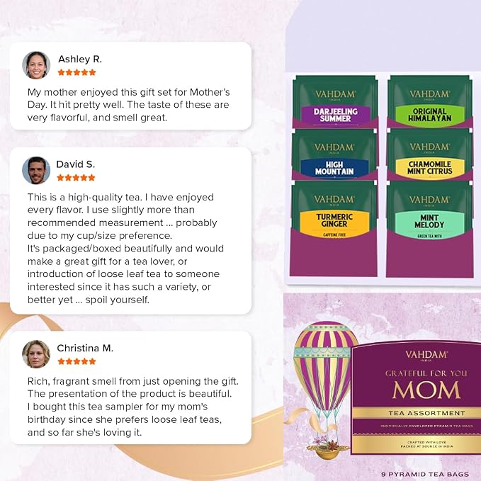 Limited Edition - Mothers Day Gifts for Mom from Son, Daughter | Assorted Tea Gift Set - 9 Tea Variety Pack | Long Leaf Pyramid Tea Bags | Mothers Day Gifts for Mom/Grandmother | VAHDAM