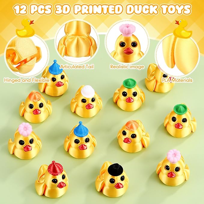 Honoson 12 Pcs 3D Printed Fidget Toy 3D Printed Duck Small Animal Toy Flexible Cute Articulating Pet Stress Relief Fidget Toys for Play and Display(5cm)