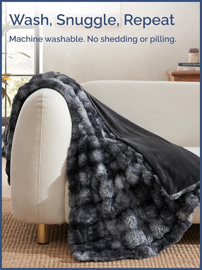 3D Fleece Bubble Blanket Queen - Rabbit Blanket - 90" x 90", Marble Black | Soft Fluffy Faux Fur Blanket for Couch Sofa & Chair, Cozy Gifts for Women, Tie Dye Cloud Throw Bed Cover, Thick Plush Bedding