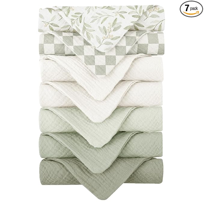 Konssy Baby Muslin Washcloths 7-Pack, 100% Cotton Baby Bath Washcloths, Soft & Absorbent Wash Cloths and Burp Cloths for Newborn Kids Girls & Boys, 11x11 inches