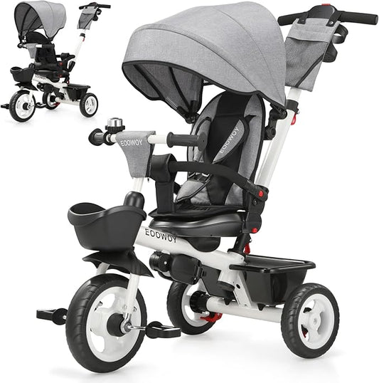Toddler Tricycle with Push Handle, 7 in 1 Stroller Trike with 360° Swivel Seat, Reclining Backrest, All-Terrain Wheels, Dual Brakes, Canopy & Storage, Gift for Kids 18 Months to 5 Years, Gray