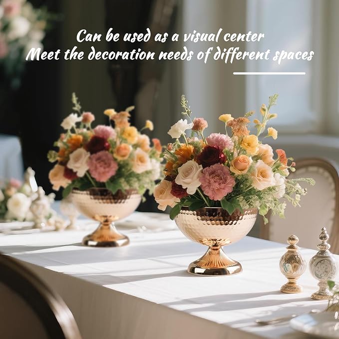 Metal Urn Vases for Centerpieces - 6.3" Tall Flower Pot Planters, Wedding Table Decor, Party Reception, Home Floral Arrangement (10, Gold)