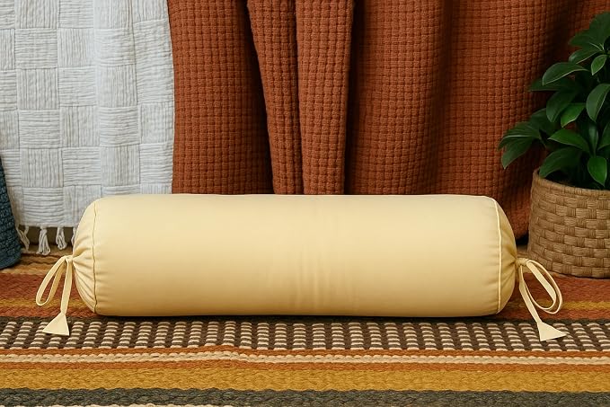Round Pillow Cover Cervical Neck Roll Cotton Bolster Pillowcase for Cylindrical Cushion and Drawstring Closure Round Neck Pillowcase 6" x 18" (15 x 45 cm) Beige