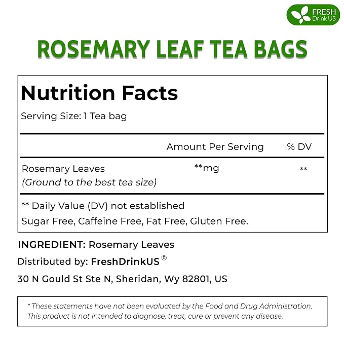 FRESHDRINKUS, Premium 100 Rosemary Leaf Tea Bags, 100% Natural and Pure Rosemary Dried Leaves, Pure Rosemary Herbal Tea, No Additives, No Caffeine, No Gluten, Vegan.