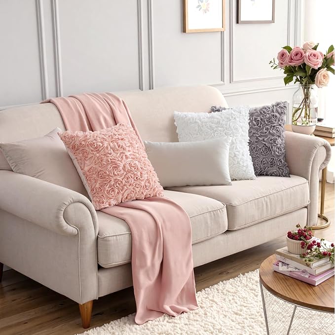 MIULEE Decorative Rose Flower Pillow Covers Pack of 2 Peach Pink 16x16 Inch | Cute Romantic Stereo Chiffon Throw Pillow Cover Aesthetic Solid Pillowcase for Girl Coquette Room Decor Coach Bedroom