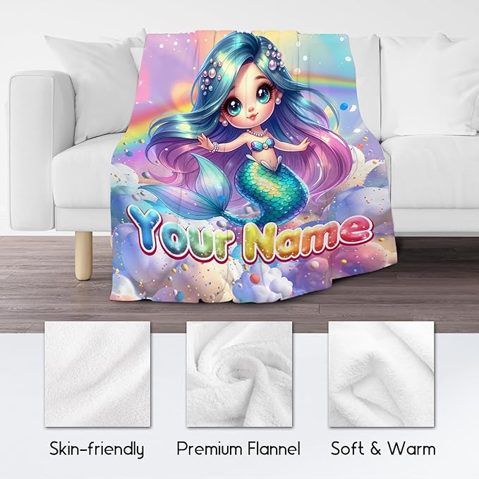Mermaid Blanket for Girls Personalized Blankets Gifts - 4 Sizes Cozy Flannel Throw for Kids Toddler