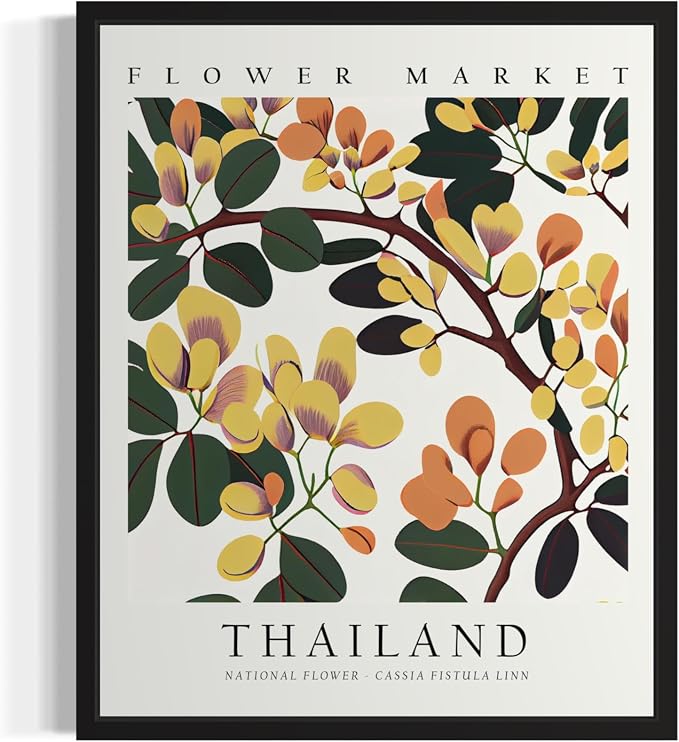 Thailand Flower Market Art Print Poster, Wall Art Floral Painting Botanical Decor for Bedroom, Kitchen, Bathroom Livingroom Decoration 82B (Thailand, 24"L x 18"W, Black Frame)