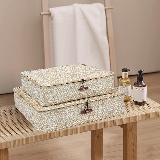 Set of 2 Flat Seagrass Storage Bins with Lid Wicker Storage Baskets for Organizing, Woven Shelf Organizer Bins Home Utility Organizer Box for Home & Office Supplies