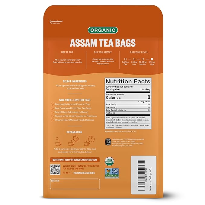FGO Organic Assam Tea, 100 Count, Eco-Conscious Black Tea Bags, Resealable Bag, Packaging May Vary (Pack of 1)