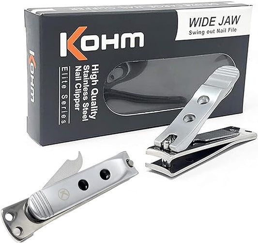 Kohm Curved Blade Edge Nail Clipper with Nail File (Swing Out), SS Wide Jaw Toenail Clippers for Thick Nails, Large Nail Clippers for Men, Seniors, Women