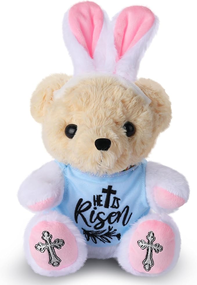 Easter Stuffed Animal Teddy Bear with Bunny Ears Headband, 8 Inch Soft Plush Toy Easter Gift for Kids, Easter Basket Stuffer for Boys Girls, Easter Plush for Spring Decor | He is Risen