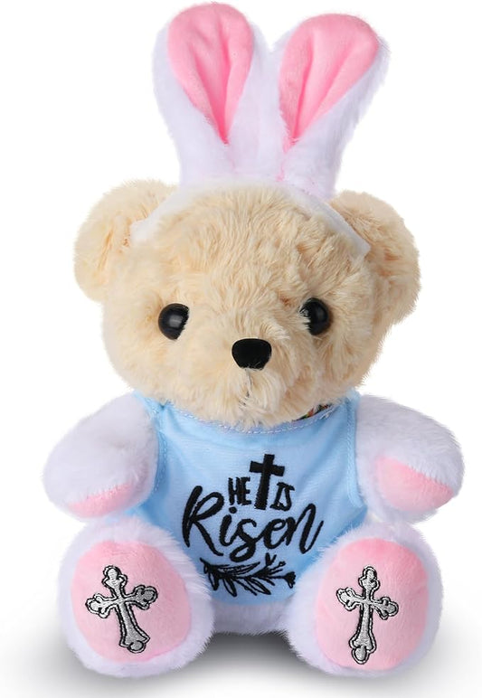Easter Stuffed Animal Teddy Bear with Bunny Ears Headband, 8 Inch Soft Plush Toy Easter Gift for Kids, Easter Basket Stuffer for Boys Girls, Easter Plush for Spring Decor | He is Risen