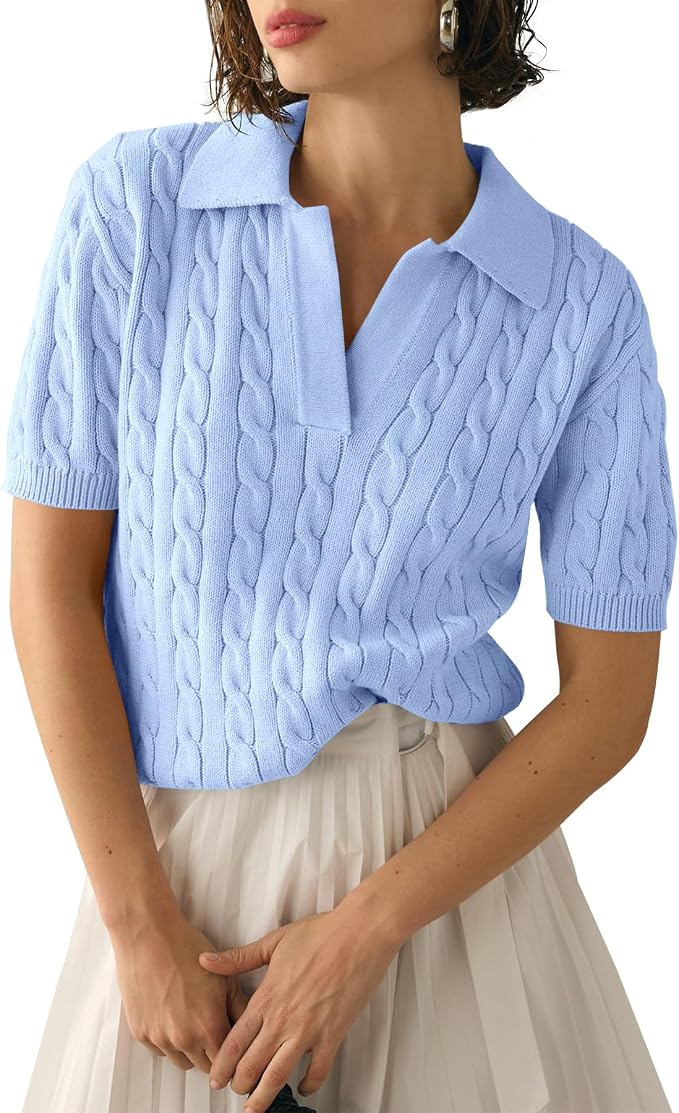 Imily Bela Womens Cable Short Sleeve Sweaters Tops Lapel V Neck Knit Shirt | Solid,Knit Casual,Soft Pullover,Fall Sweaters,Womens Summer Work Tops