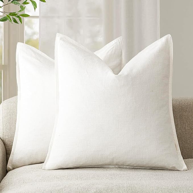 Foindtower Pack of 2, Decorative Linen Solid Throw Pillow Covers Soft Accent Cushion Case Boho Farmhouse Neutral Pillowcase for Chair Couch Sofa Bedroom Living Room Home Decor 16 x 16 Inch Cream White