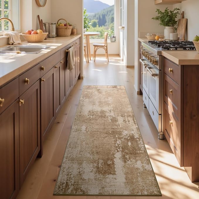 2x6 Ft Washable Runner Rug, Non-Slip Low Pile Hallway Kitchen Area Rug, Soft Long Entryway Floor Mat Abstract Pattern Carpet for Bedside & High-Traffic Areas (Brown)