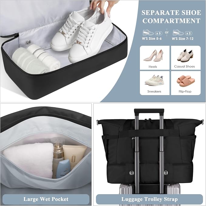 Gym Bag for Women, 45L Carry On Travel Duffel Bag with Shoes Compartment, Weekender Overnight Bag with Wet Pocket for Women, Travel, Gym, Weekend, Large Size