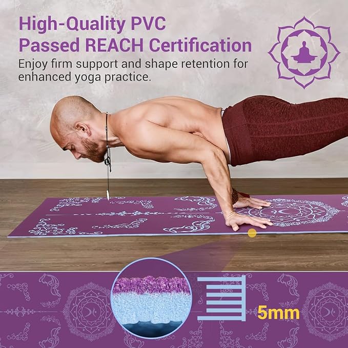 Avoalre Folding Yoga Mat, Eco-Friendly PVC Travel Yoga Mat Packable, Double Sided Non-Slip Printed Yoga Mats with Bag for Home Workout Gym Exercise Fitness Pilates Stretching (72" x 24" x 1/5" Thick)