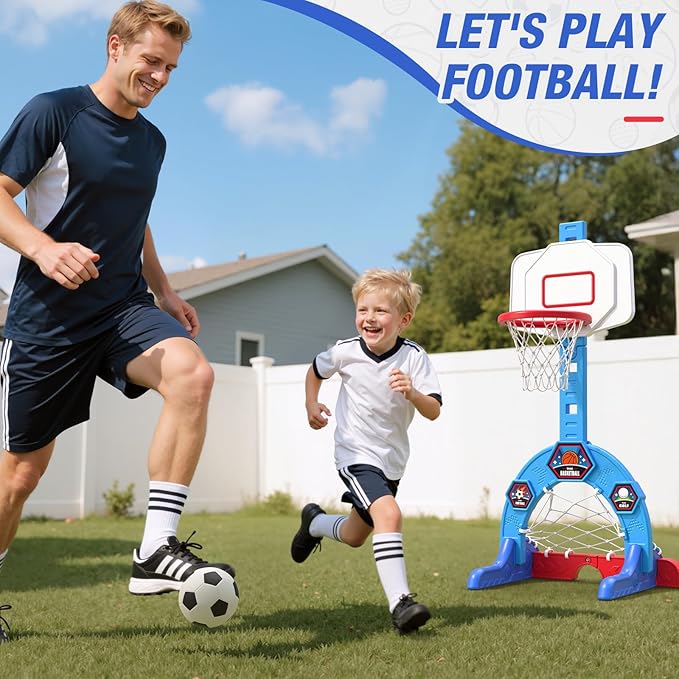 HYES Toddler Basketball Hoop, 3-in-1 Sports Activity Center with Soccer Goal, Golf Game, 5 Height Adjustable Kids Basketball Hoop, Indoor Outdoor Playset Toys Gifts for Boys Girls 3-5, Blue
