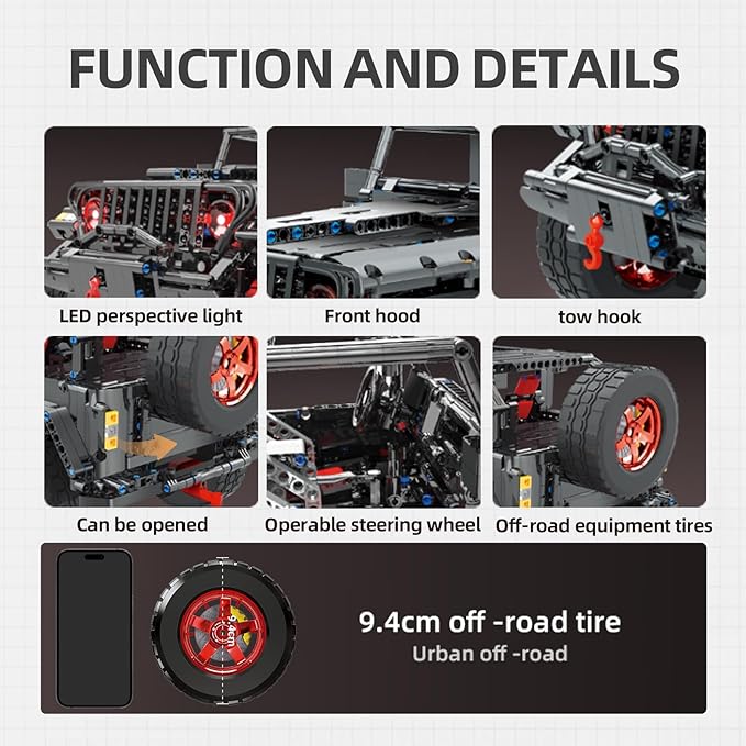 RC Off-Road SUV Wrangler Black Warrior Building Kits, 1/8 Scale Pickup Truck Car with Remote Control Lights, Challenge Building Blocks Gift for Technical Enthusiasts Adults & Teens Age 14+ (2272PCS)